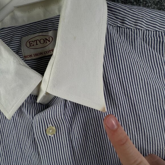 Eton Button Up Shirt Long Sleeve Men Cotton Striped Blue Contrast Non Iron 16.5 - Picture 7 of 16